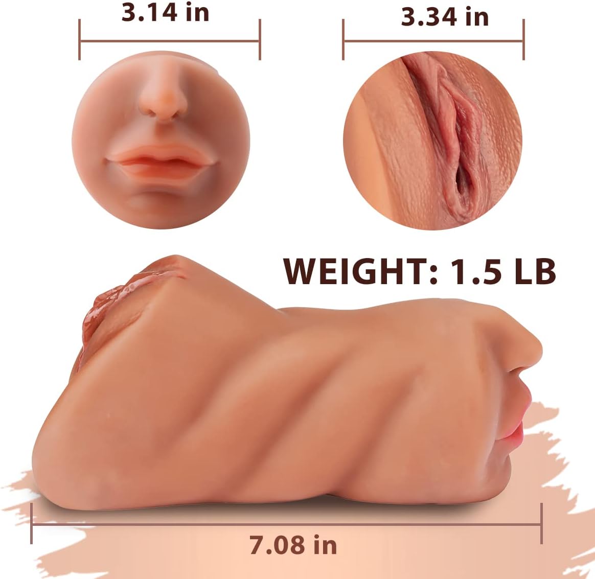 3 in 1 Pocket Pussy Male Masturbators with Lifelike Face, Sex Doll with Realistic Textured Mouth Vagina and Tight Anus, Masturbator Deep Throat Oral Adult Sex Toys for Men Masturbation (Brown)