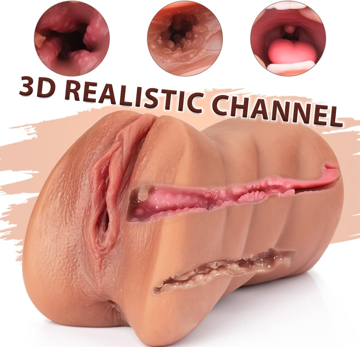 3 in 1 Pocket Pussy Male Masturbators with Lifelike Face, Sex Doll with Realistic Textured Mouth Vagina and Tight Anus, Masturbator Deep Throat Oral Adult Sex Toys for Men Masturbation (Brown)