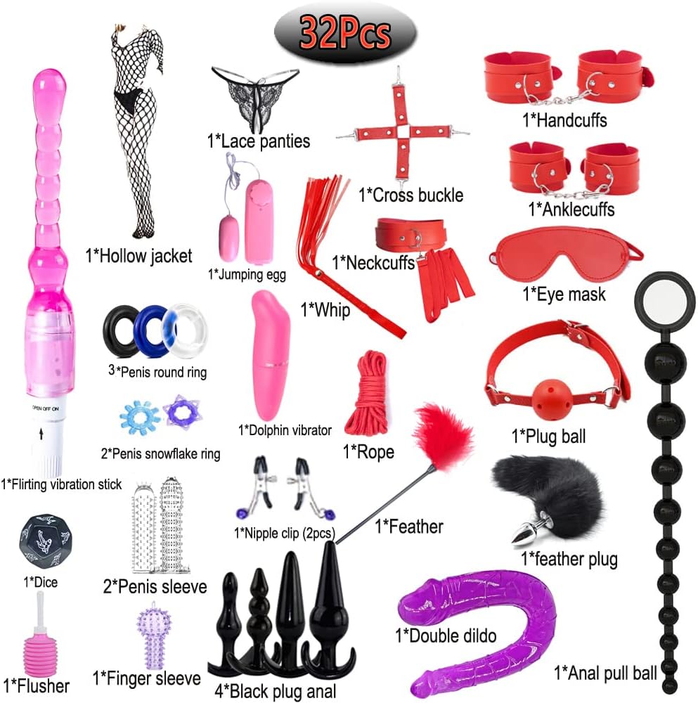 BOXIFA 32Pcs SM Bondage Restraint Vibrator Silicone Anal Plug Dildo Sex Toys for Butt Plug 111