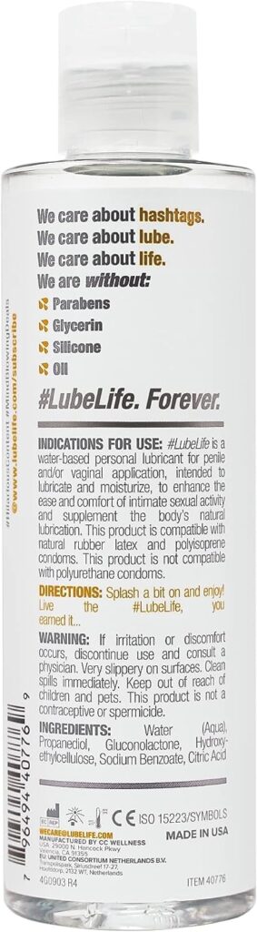 Lube Life Water-Based Personal Lubricant, Lube for Men, Women and Couples, Non-Staining, 8 Fl Oz