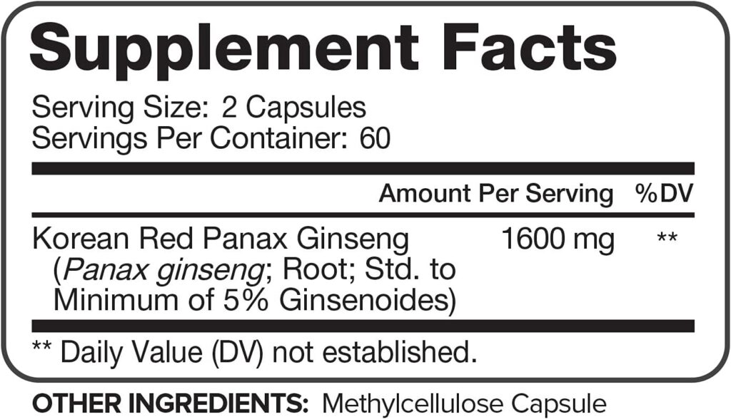 Nutrivein Pure Korean Red Panax Ginseng 1600mg - 120 Vegan Capsules - High Strength 5% Ginsenosides - Ginseng Root Extract Powder for Energy, Potency, Strength, Vigor and Focus for Men and Women