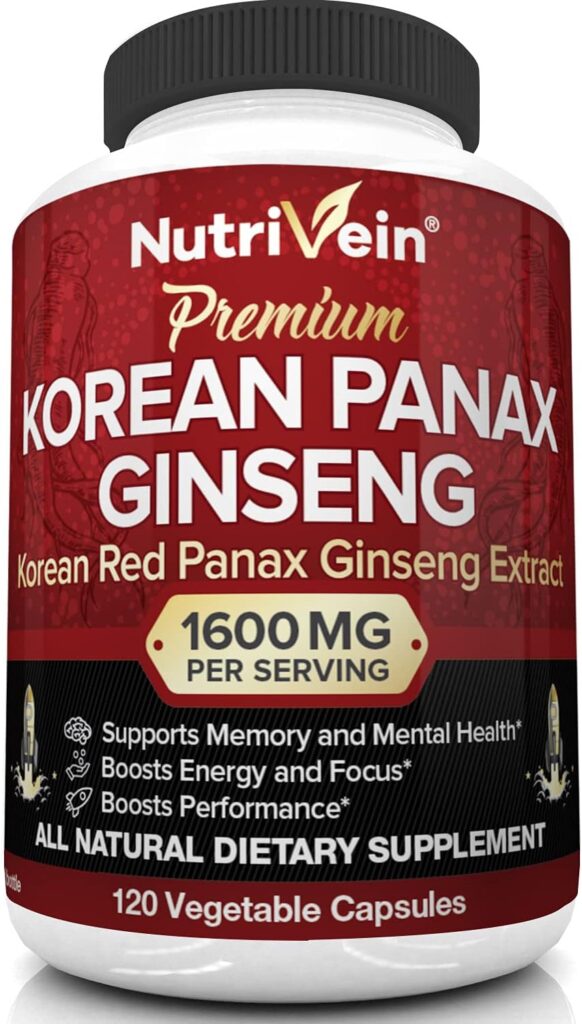 Nutrivein Pure Korean Red Panax Ginseng 1600mg - 120 Vegan Capsules - High Strength 5% Ginsenosides - Ginseng Root Extract Powder for Energy, Potency, Strength, Vigor and Focus for Men and Women