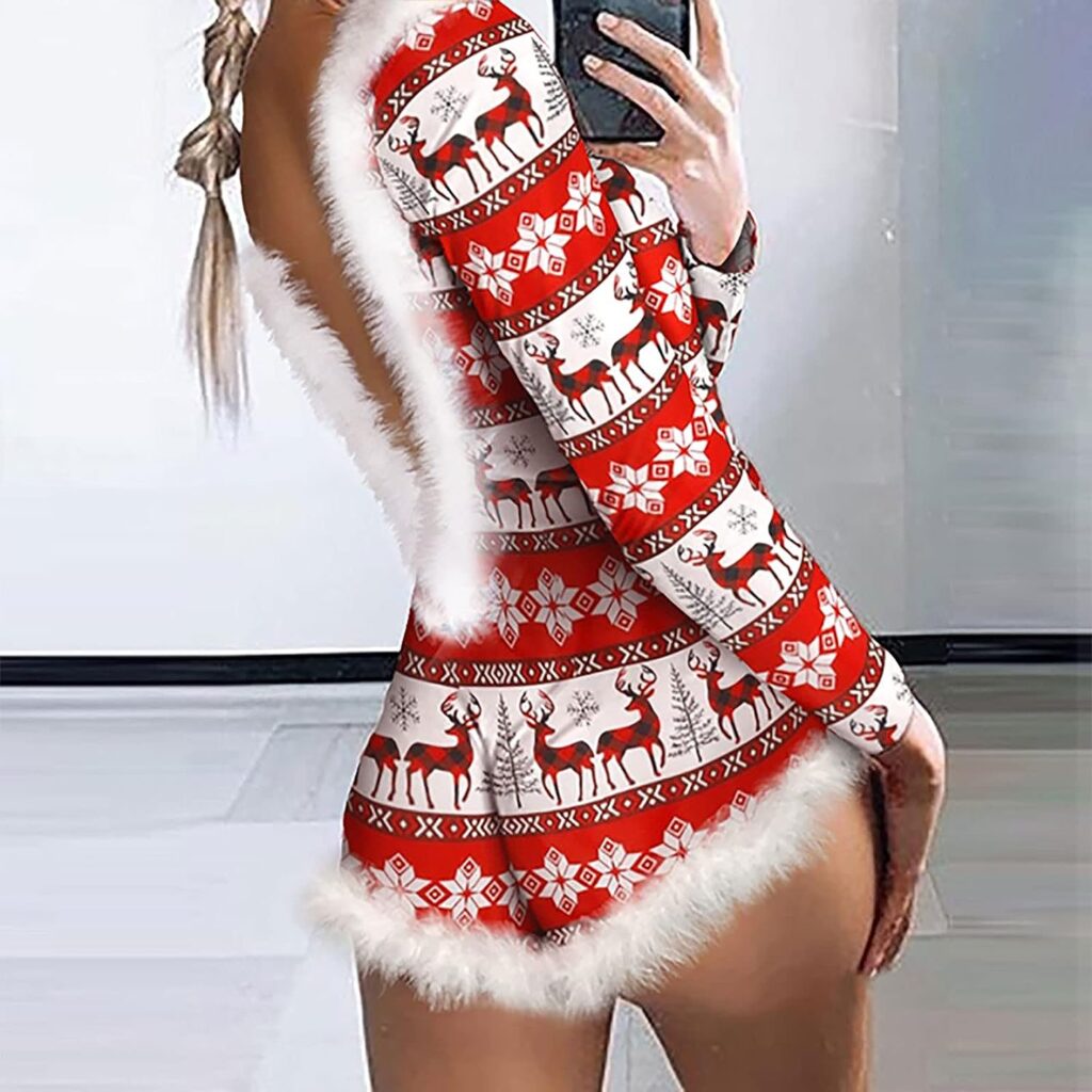 Zzalalana Christmas Fuzzy Pajamas for Women Bodysuit Lingerie Deep V Neck Xmas Printed Long Sleeve Teddy Onesie Sleepwear