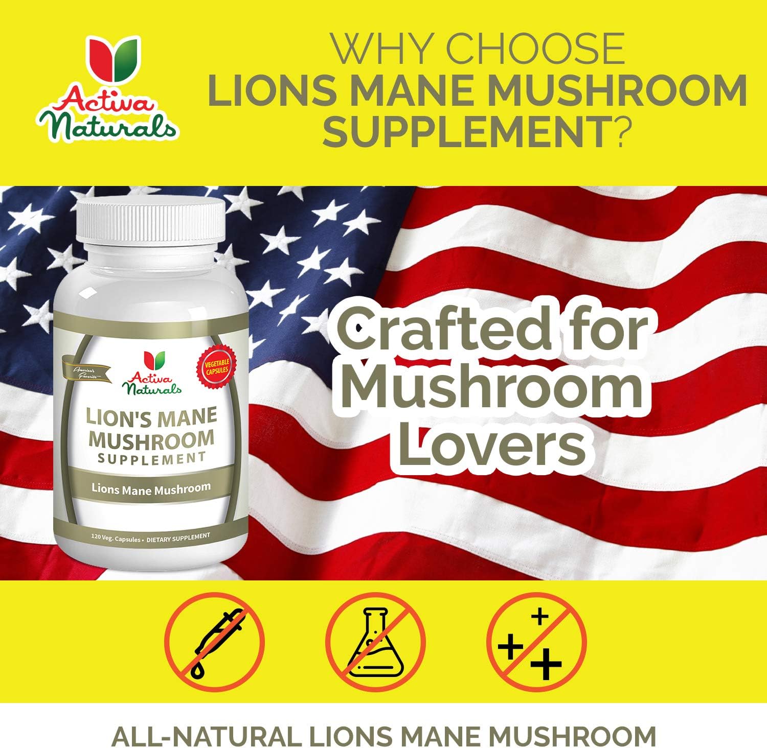 Activa Naturals Lions Mane Mushroom Capsules, Daily Nutritional Lions Mane Vitamin Supplement -120 Veggie Caps (60 Servings)