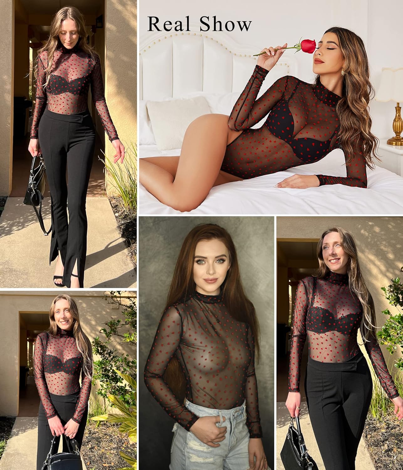 Avidlove Long Sleeve Bodysuit for Women Turtleneck Sheer Mesh Bodysuit Geo Print Leotards