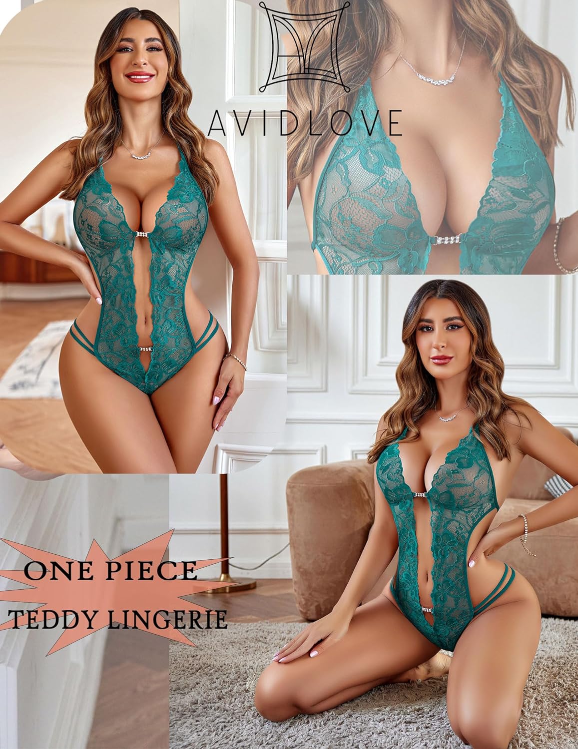 Avidlove Women One Piece Lingerie Sexy Lace Bodysuit Deep V Teddy Babydoll Nightgown XS-XXXL