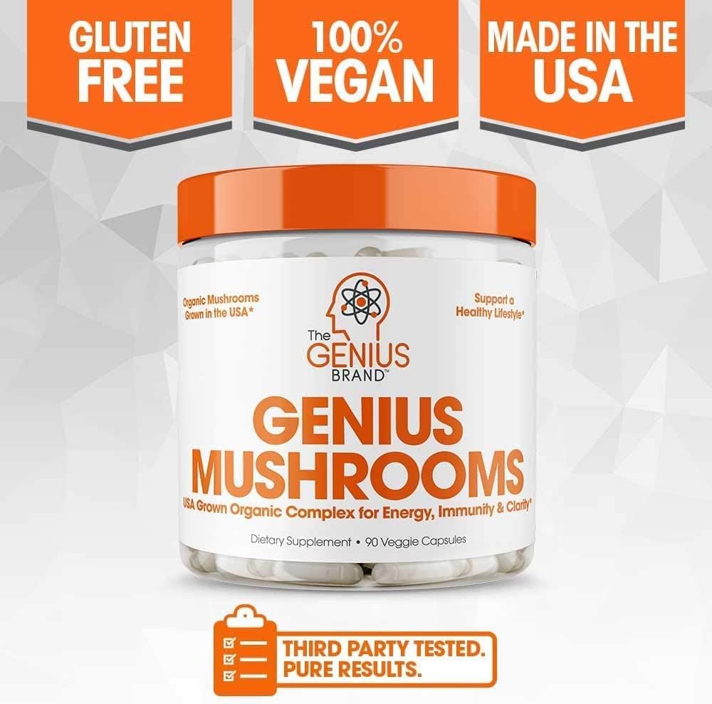 Genius Mushroom - Lions Mane, Cordyceps and Reishi - Immune System Booster  Nootropic Brain Supplement - for Natural Energy, Memory  Liver Support, 90 Veggie Pills