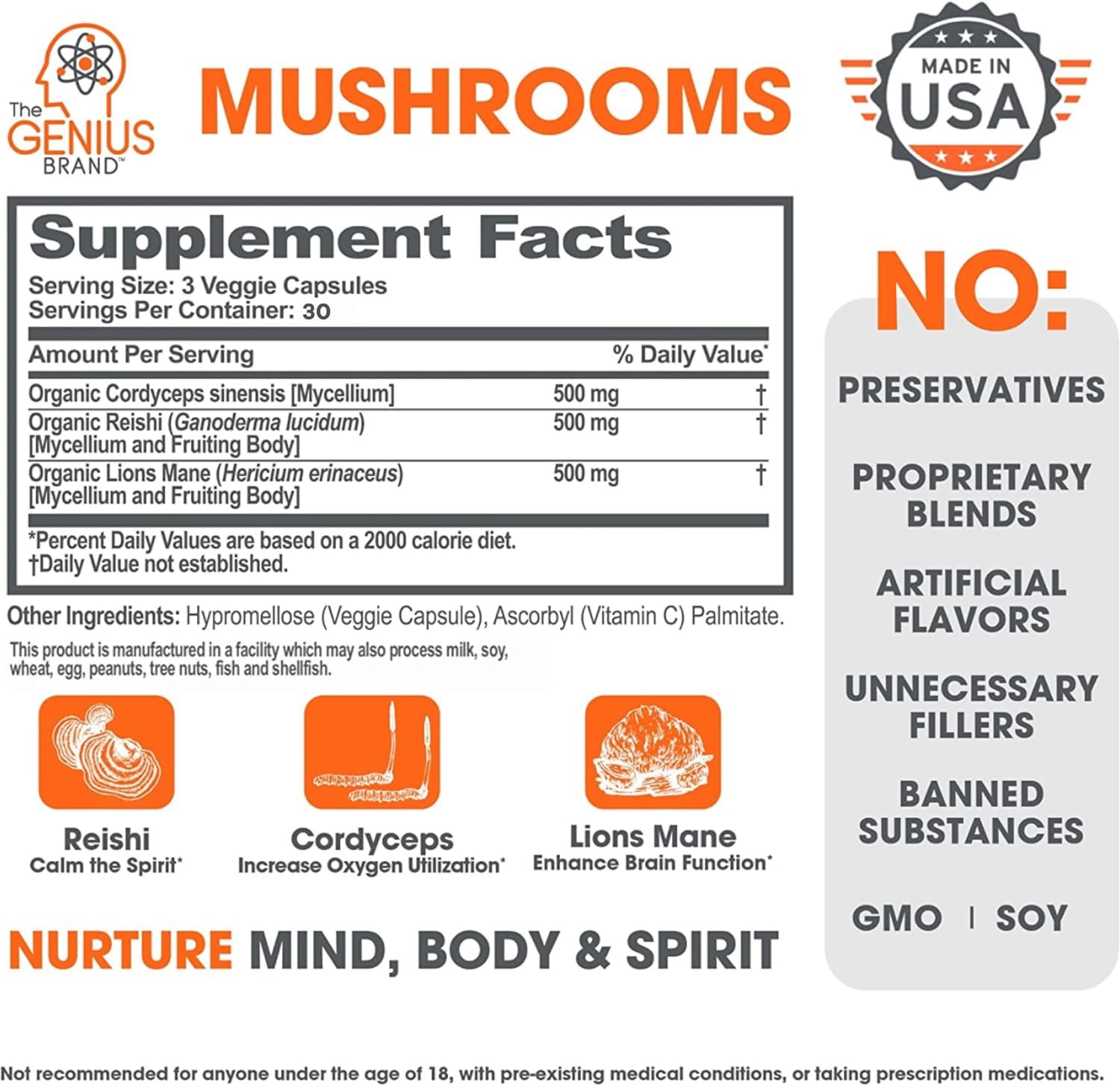 Genius Mushroom - Lions Mane, Cordyceps and Reishi - Immune System Booster  Nootropic Brain Supplement - for Natural Energy, Memory  Liver Support, 90 Veggie Pills