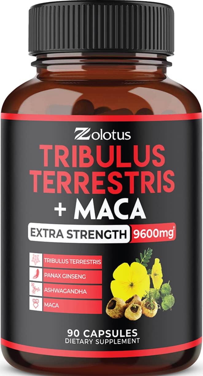 Zolotus Premium Tribulus Terrestris Capsules - 9600mg Per Serving - Combined with Ashwagandha, Panax Ginseng  Maca - Boost Energy, Mood, Stamina  Immune - 90 Counts for 3 Months