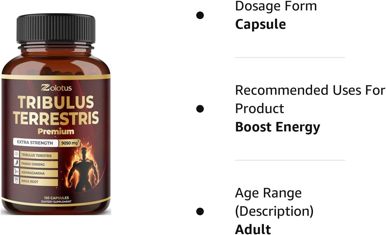 Zolotus Premium Tribulus Terrestris Capsules - 9600mg Per Serving - Combined with Ashwagandha, Panax Ginseng  Maca - Boost Energy, Mood, Stamina  Immune - 90 Counts for 3 Months