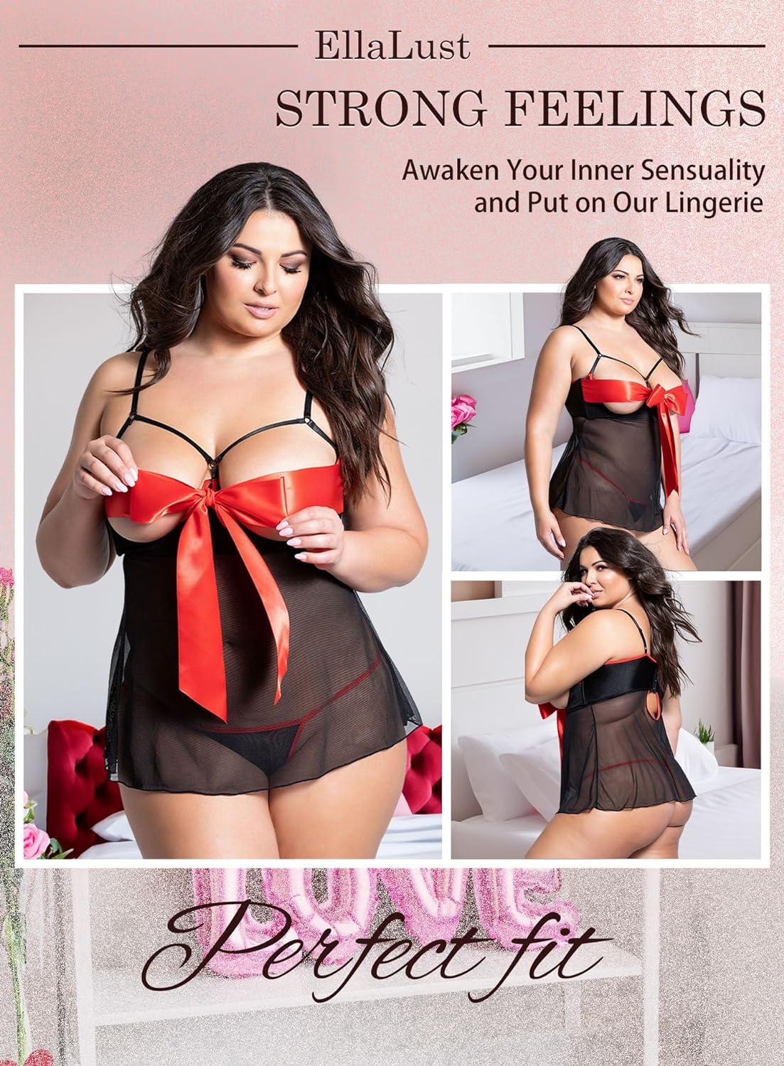 Ella Lust Plus Size Unwrap Me Lingerie - for Women Sexy Valentines Day Gift for Him Red Open Bow Outfit Bra Panty Babydoll