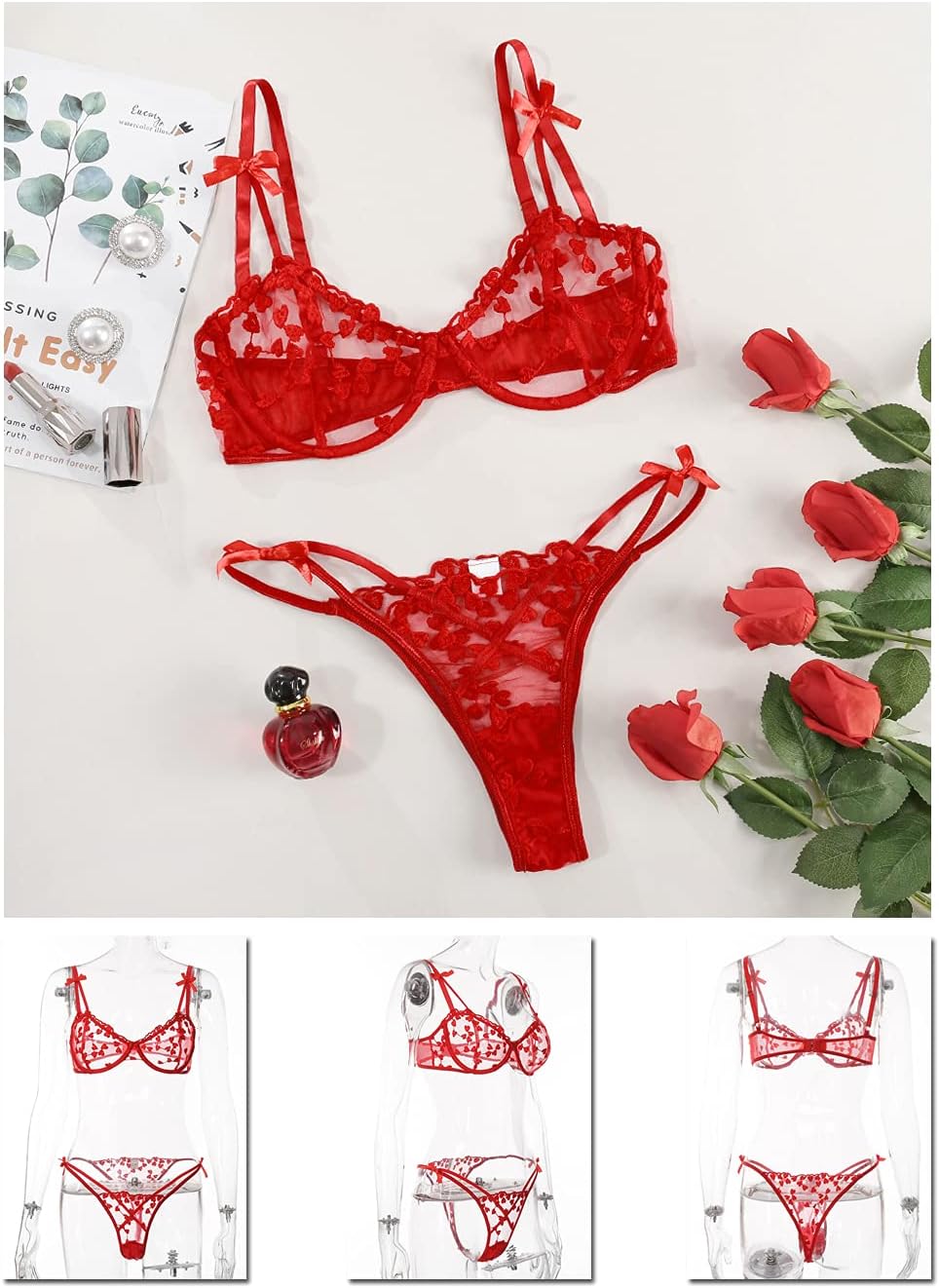 KaeiShi Valentines Surprise, Sexy Gift, Heart Embroidered, Sheer Lingerie