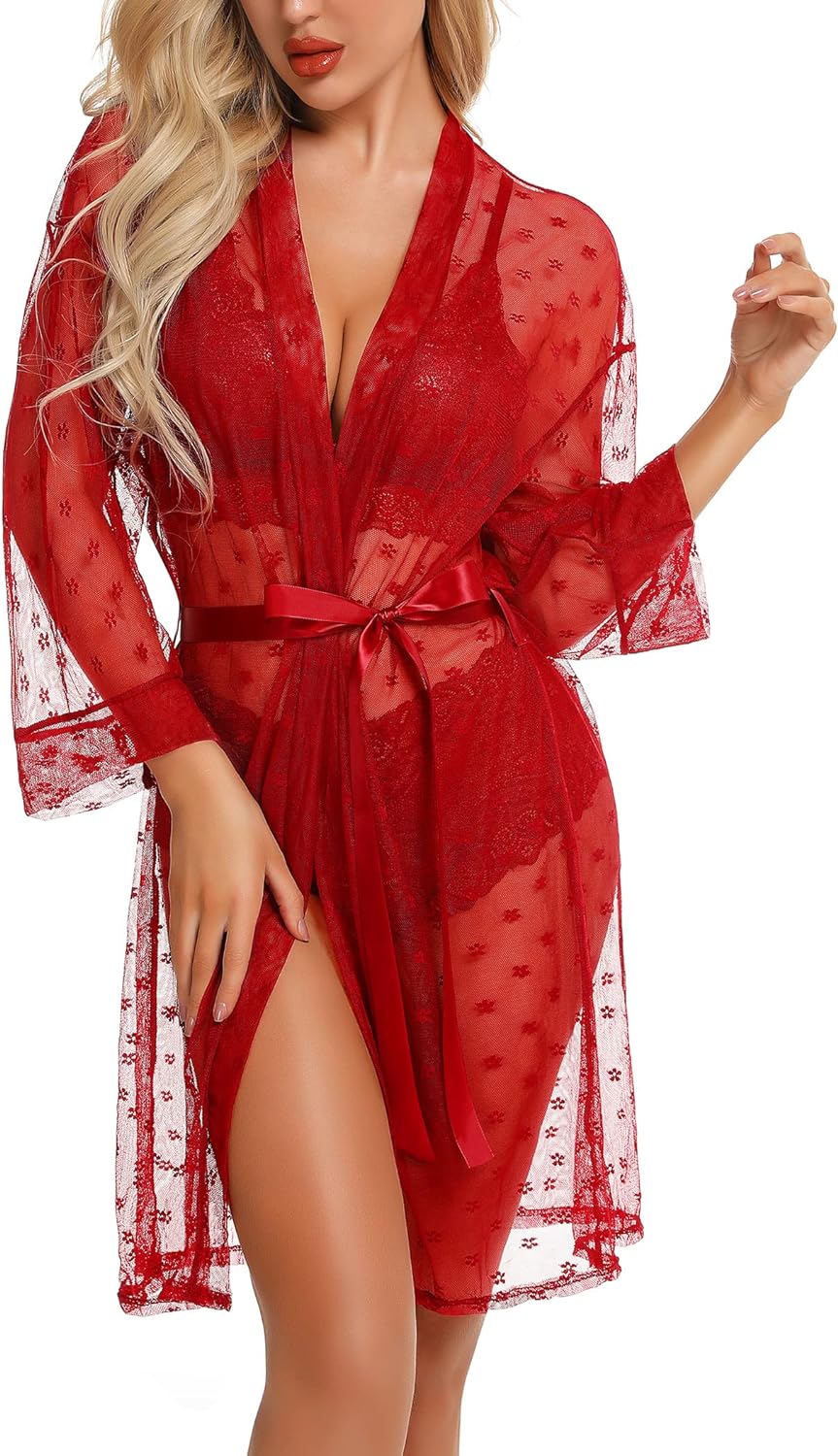 RSLOVE Women Sexy Lingerie Set 3 Piece Lace Kimono Robe with Bra and Panty Sheer Sleepwear