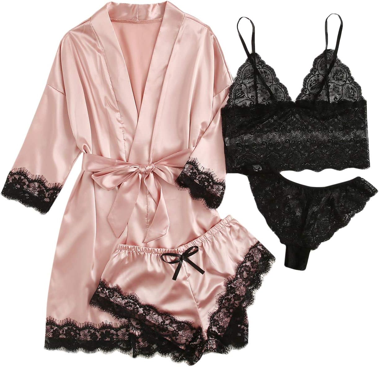 WDIRARA Women Silk Satin Pajamas Set 4pcs Lingerie Floral Lace Cami Sleepwear with Robe